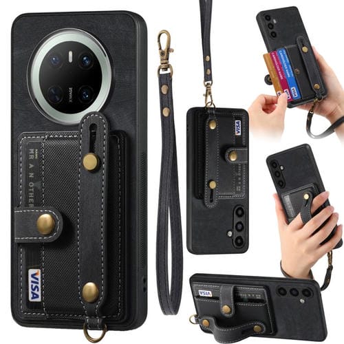 Funda de Cuero Tipo Billetera para Huawei Mate 70 Pro (Negra) con Diseño Retro y Pulsera Cruzada