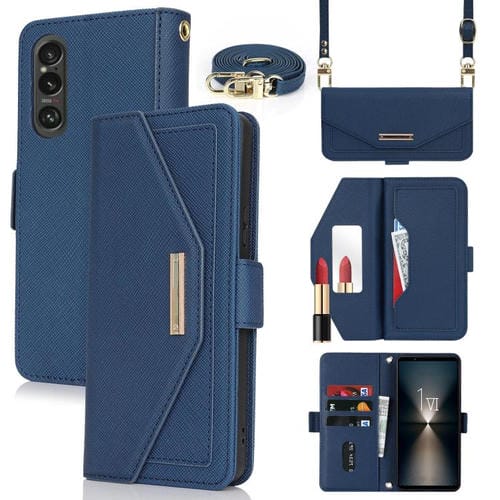 Funda de Cuero con Textura Cruzada y Cordón para Sony Xperia 1 Vi (Azul)