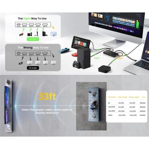 Adaptador HDMI Q8-4 4X1 con Control Remoto HDMI 2.1 8K 60Hz para Cine en Casa y Juegos (Enchufe EE.UU)