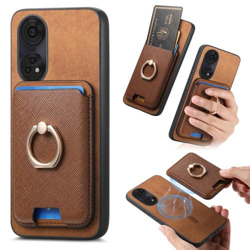 Funda para Oppo Reno8 T 5G / A1 Pro con Ranuras para Tarjetas y Anillo de Cuero Retro con Ranuras para Tarjetas (Marrón)