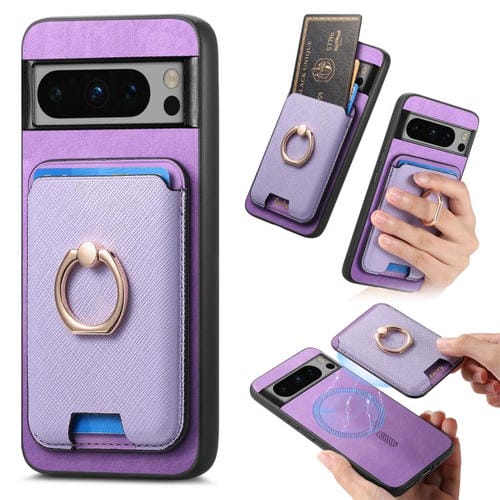 Funda para Google Pixel 8 Pro con Ranuras para Tarjetas y Anillo de Cuero (Morado)