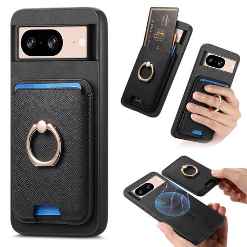 Funda para Google Pixel 8 con Ranuras para Tarjetas y Anillo de Cuero Diseño Retro Cruzado (Negro)
