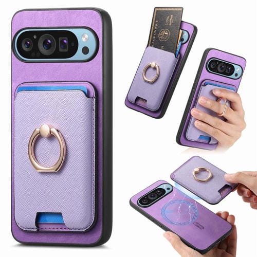 Funda para Google Pixel 9 y 9 Pro con Anillo de Cuero Retro, Ranuras para Tarjetas, Inserción Vertical, Magsafe (Morado)