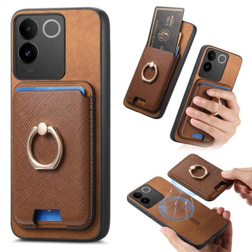 Funda para Vivo S17 / S17 Pro / V29 Pro 5G con Anillo de Cuero Retro Cruzado, Inserto Vertical para Tarjetas, Magsafe (Marrón)
