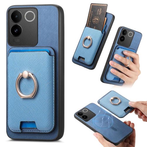Funda para Vivo S20 Pro con Anillo de Cuero Retro Cruzado, Inserto Vertical para Tarjetas, Magsafe (Azul)