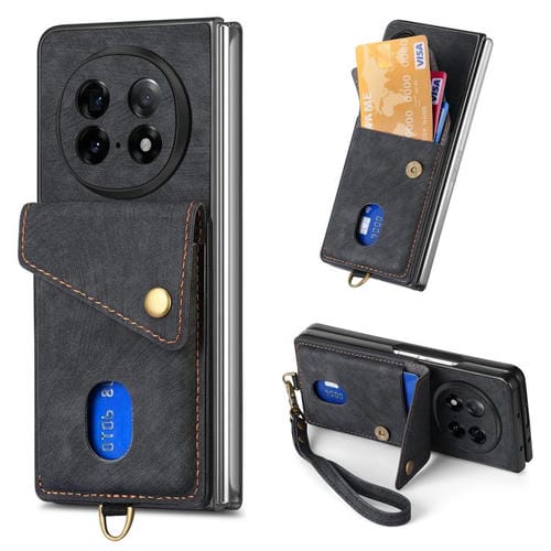 Funda de Cuero Plegable con Correa para Oppo Find N5, Estilo Retro, Tipo Billetera, Color Negro
