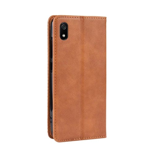 Funda de Cuero con Tapa Horizontal con Textura de Caballo Loco Retro con Hebilla Magnética para Xiaomi Redmi 7A, con Soporte, Ranuras para Tarjetas y Marco de Fotos (Marrón)