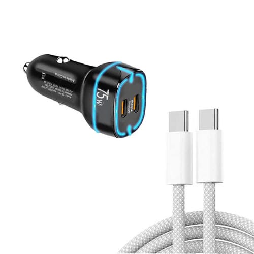 Cargador de coche PD45W + PD30W de doble puerto tipo C con cable de datos USB-C a USB-C (negro)