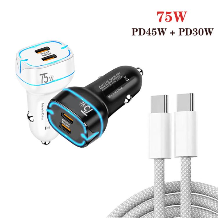 Cargador de coche PD45W + PD30W de doble puerto tipo C con cable de datos USB-C a USB-C (negro)