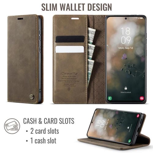 Funda CaseMe 033 para Samsung Galaxy S21 5G, forro de piel de becerro, microfibra, con bloqueo RFID (café)