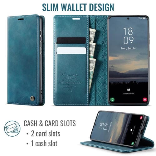 Funda CaseMe 033 para Samsung Galaxy S21 5G, forro de piel de becerro, microfibra, con bloqueo RFID (verde)
