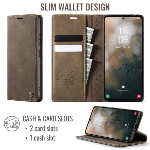 Funda para Samsung Galaxy A53 CaseMe 033 con forro de piel de becerro, microfibra y bloqueo RFID (café)