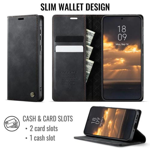 Funda para Samsung Galaxy A55 CaseMe 033 con forro de piel de becerro, microfibra y bloqueo RFID (negra)