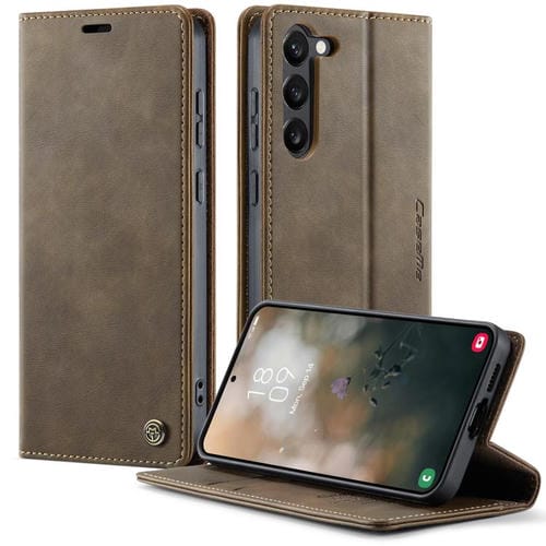 Funda CaseMe 033 para Samsung Galaxy S23+ 5G, forro de piel de becerro, microfibra, con bloqueo RFID (café)