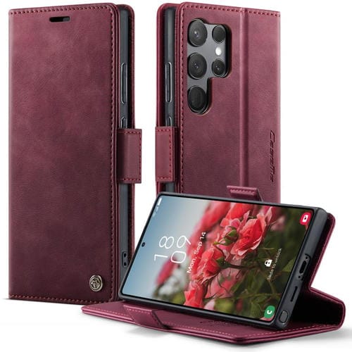 Funda CaseMe 033 para Samsung Galaxy S23 Ultra 5G, forro de piel de becerro, microfibra, con bloqueo RFID (roja)