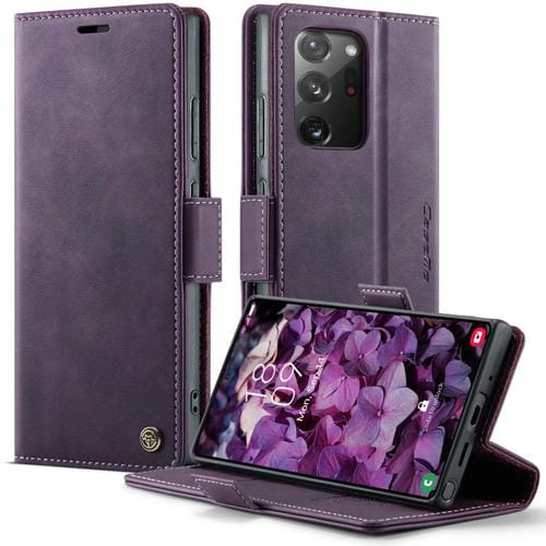 Funda CaseMe 033 para Samsung Galaxy Note20 Ultra, forro de piel de becerro, microfibra y bloqueo RFID (morado)