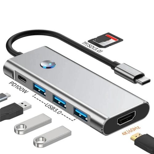 Adaptador Hub USB 3.0 Tipo C 7 en 1 PD 100 W 4K HD para portátiles