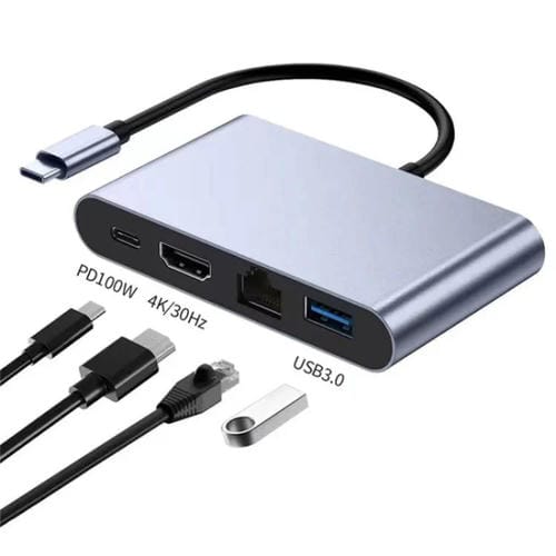 Concentrador aluminio USB 3.0 tipo C a RJ45 4K/30 Hz HD puerto carga PD100W