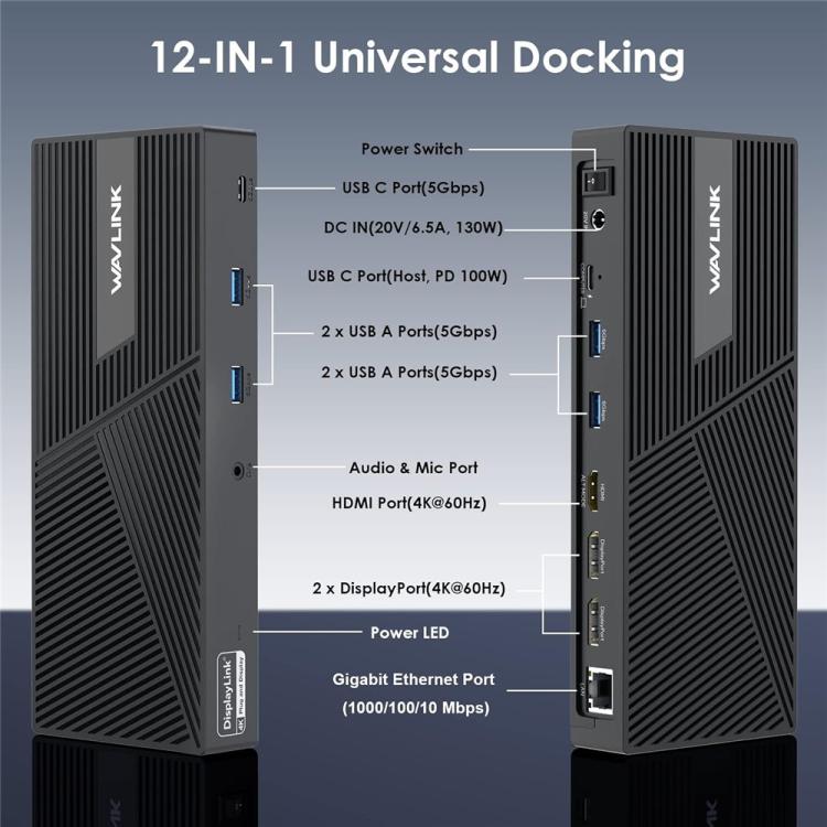 Estación de carga WAVLINK UG69PD24 DisplayLink 12 en 1 PD 100 W para Thunderbolt 4/3 (Enchufe australiano)