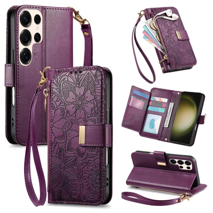 Funda de cuero con cremallera y correa para Samsung Galaxy S23 Ultra 5G, diseño de flores y hojas (morado)