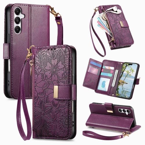 Funda de cuero con cremallera y correa para Samsung Galaxy A16, diseño de flores y hojas (morado)