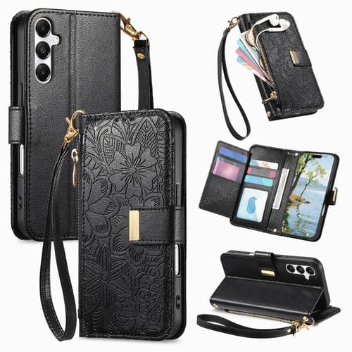 Funda de cuero con cremallera y correa para Samsung Galaxy A16, diseño de flores y hojas (negro)
