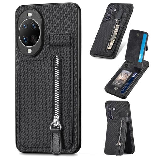 Funda de fibra de carbono con tapa vertical y cremallera para Huawei Nova 14 Pro (negra)