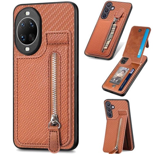 Funda de fibra de carbono con tapa vertical y cremallera para Huawei Nova 14 Pro (marrón)