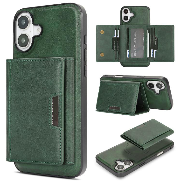 Funda de cuero plegable triple Kalebol con imán fuerte MagSafe para iPhone 17 (verde)