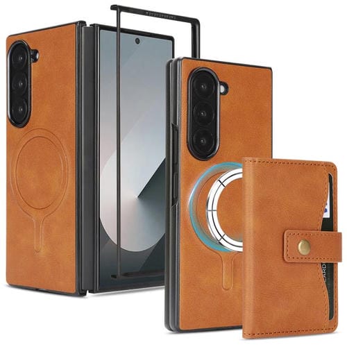 Funda de cuero con anillo MagSafe y botón magnético Kalebol para Samsung Galaxy Z Fold6 (marrón)
