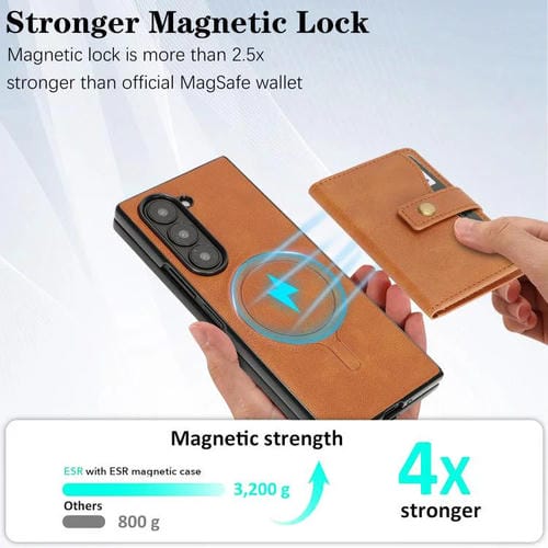 Funda de cuero con anillo MagSafe y botón magnético Kalebol para Samsung Galaxy Z Fold6 (marrón)