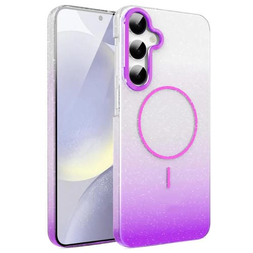 Funda MagSafe a prueba de golpes para Samsung Galaxy S24+ 5G con purpurina dorada y degradado (morado)