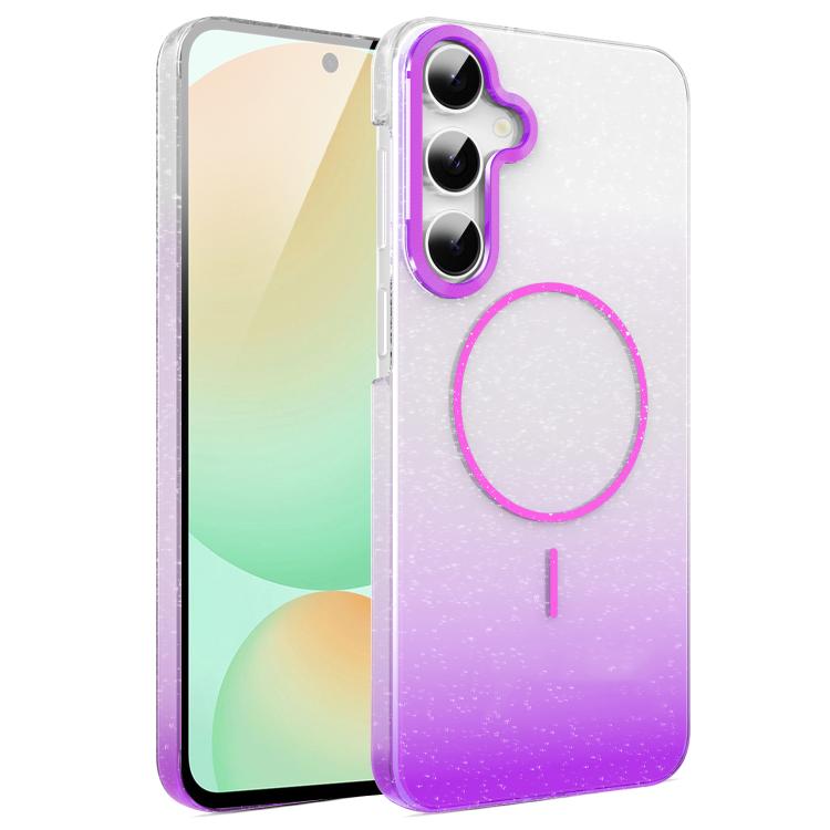 Funda MagSafe a prueba de golpes para Samsung Galaxy S24 FE 5G con purpurina dorada y degradado (morado)