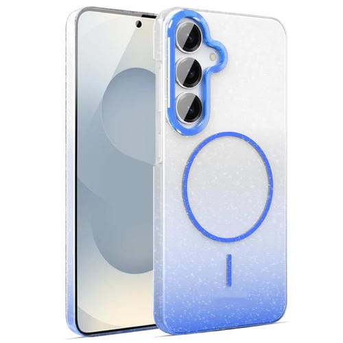 Funda MagSafe a prueba de golpes para Samsung Galaxy S25 5G con purpurina dorada y degradado (azul)