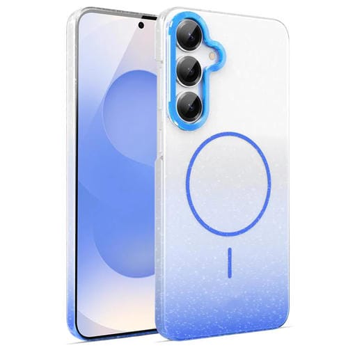 Funda MagSafe a prueba de golpes para Samsung Galaxy S25+ 5G con purpurina dorada y degradado (azul)