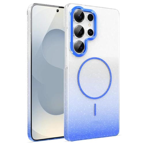 Funda MagSafe a prueba de golpes para Samsung Galaxy S25 Ultra 5G con purpurina dorada y degradado (azul)