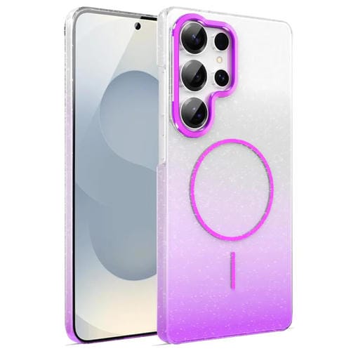 Funda MagSafe a prueba de golpes para Samsung Galaxy S25 Ultra 5G con purpurina dorada y degradado (morado)