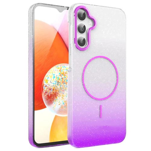 Funda MagSafe a prueba de golpes para Samsung Galaxy A14 4G/5G con purpurina dorada y degradado (morado)