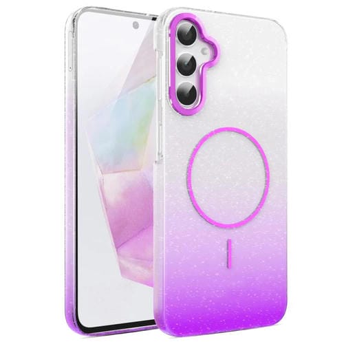 Funda MagSafe a prueba de golpes para Samsung Galaxy A34 5G con purpurina dorada y degradado (morado)