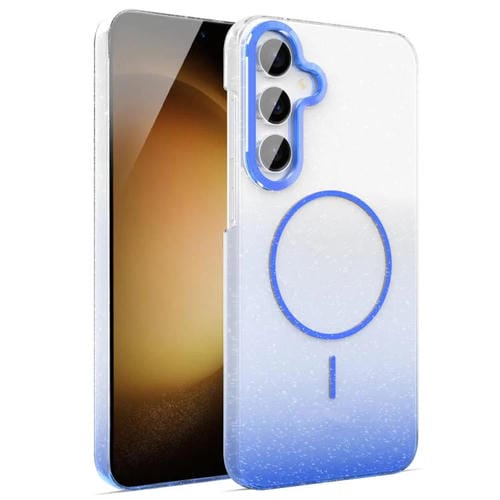 Funda MagSafe a prueba de golpes para Samsung Galaxy S23 FE 5G con purpurina dorada y degradado (azul)