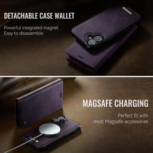 Funda de cuero desmontable CaseMe C49 con bloqueo RFID MagSafe para iPhone 16 (morado)
