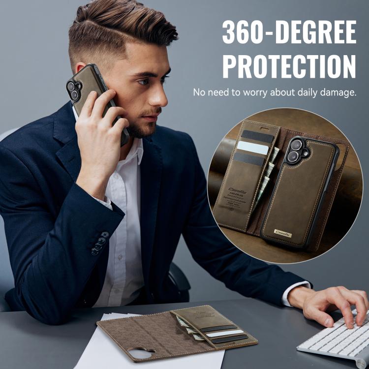 Funda de cuero desmontable CaseMe C49 con bloqueo RFID MagSafe para iPhone 16 Plus (café)