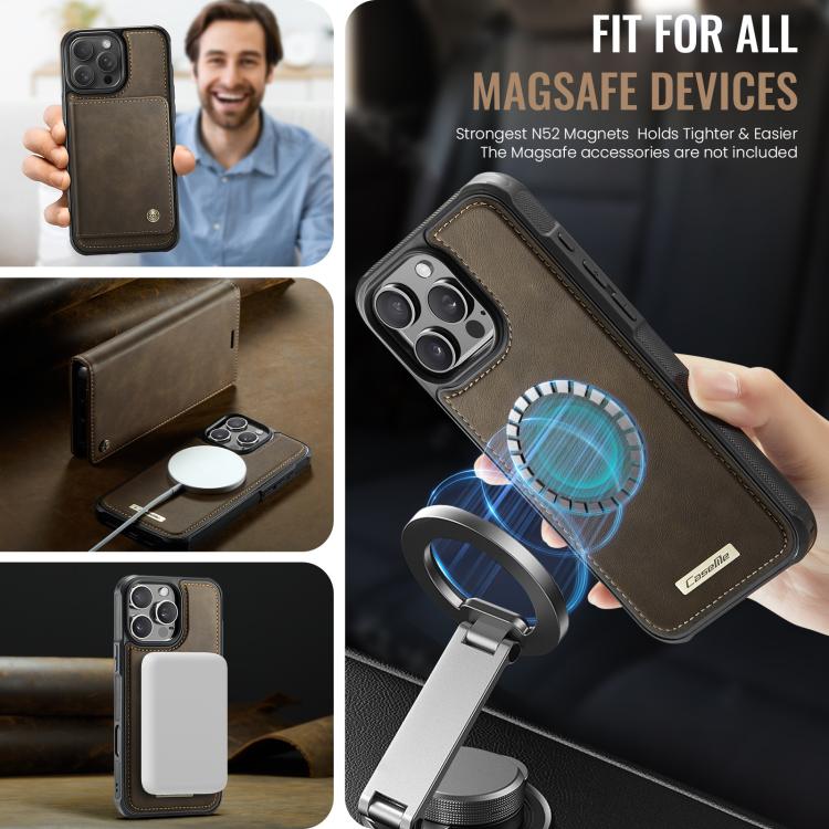 Funda de cuero desmontable CaseMe C49 para iPhone 16 Pro, con bloqueo RFID y MagSafe (café)