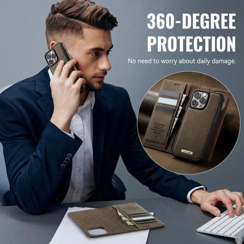 Funda de cuero desmontable CaseMe C49 para iPhone 16 Pro, con bloqueo RFID y MagSafe (café)