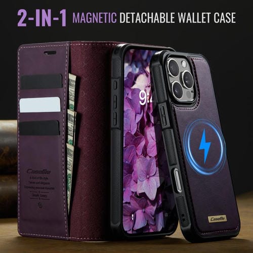 Funda de cuero desmontable CaseMe C49 para iPhone 16 Pro, con bloqueo RFID y MagSafe (morado)