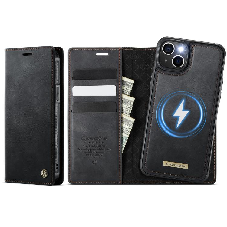 Funda de cuero desmontable CaseMe C49 con bloqueo RFID MagSafe para iPhone 15 (negra)