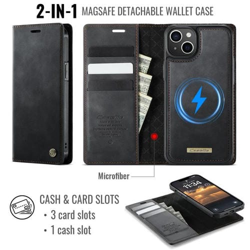 Funda de cuero desmontable CaseMe C49 con bloqueo RFID MagSafe para iPhone 15 (negra)