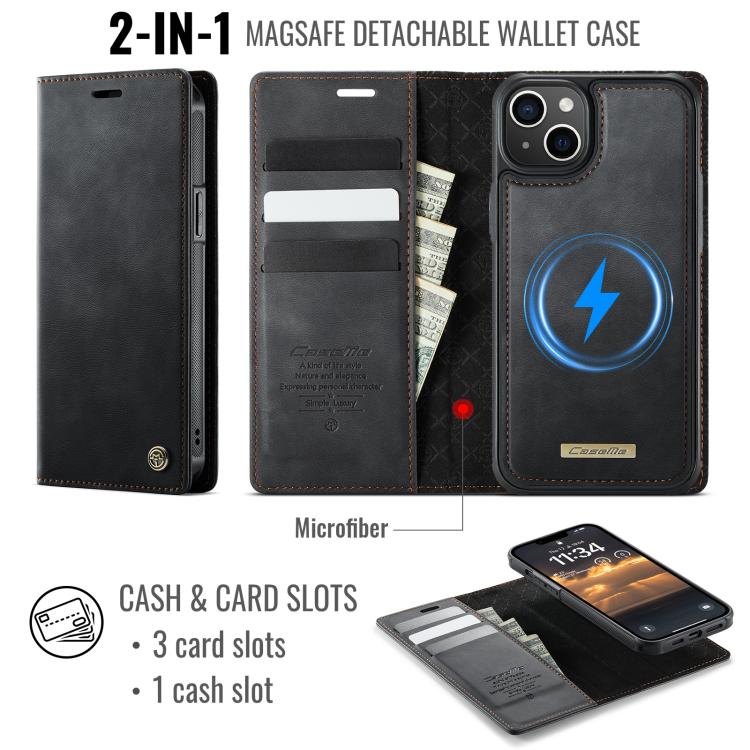Funda de cuero desmontable CaseMe C49 con bloqueo RFID MagSafe para iPhone 15 (negra)