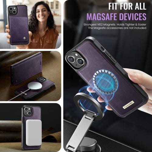 Funda de cuero desmontable CaseMe C49 con bloqueo RFID MagSafe para iPhone 15 (morado)