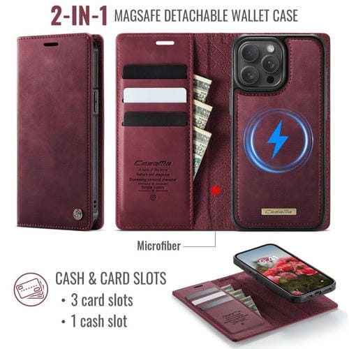 Funda de cuero desmontable CaseMe C49 con bloqueo RFID MagSafe para iPhone 15 Pro Max (roja)